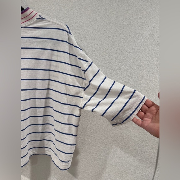 Quiksilver Striped Cropped Crewneck Surf Beach White Blue Pink T-Shirt Large - Picture 9 of 13